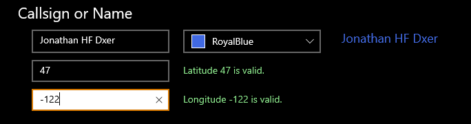 Settings name callsign location.