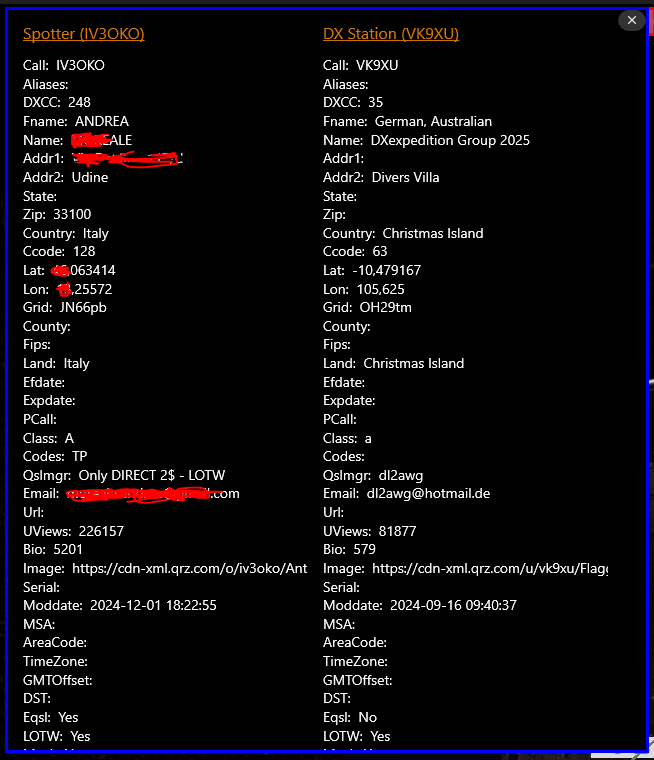 Spotter and DX station details.