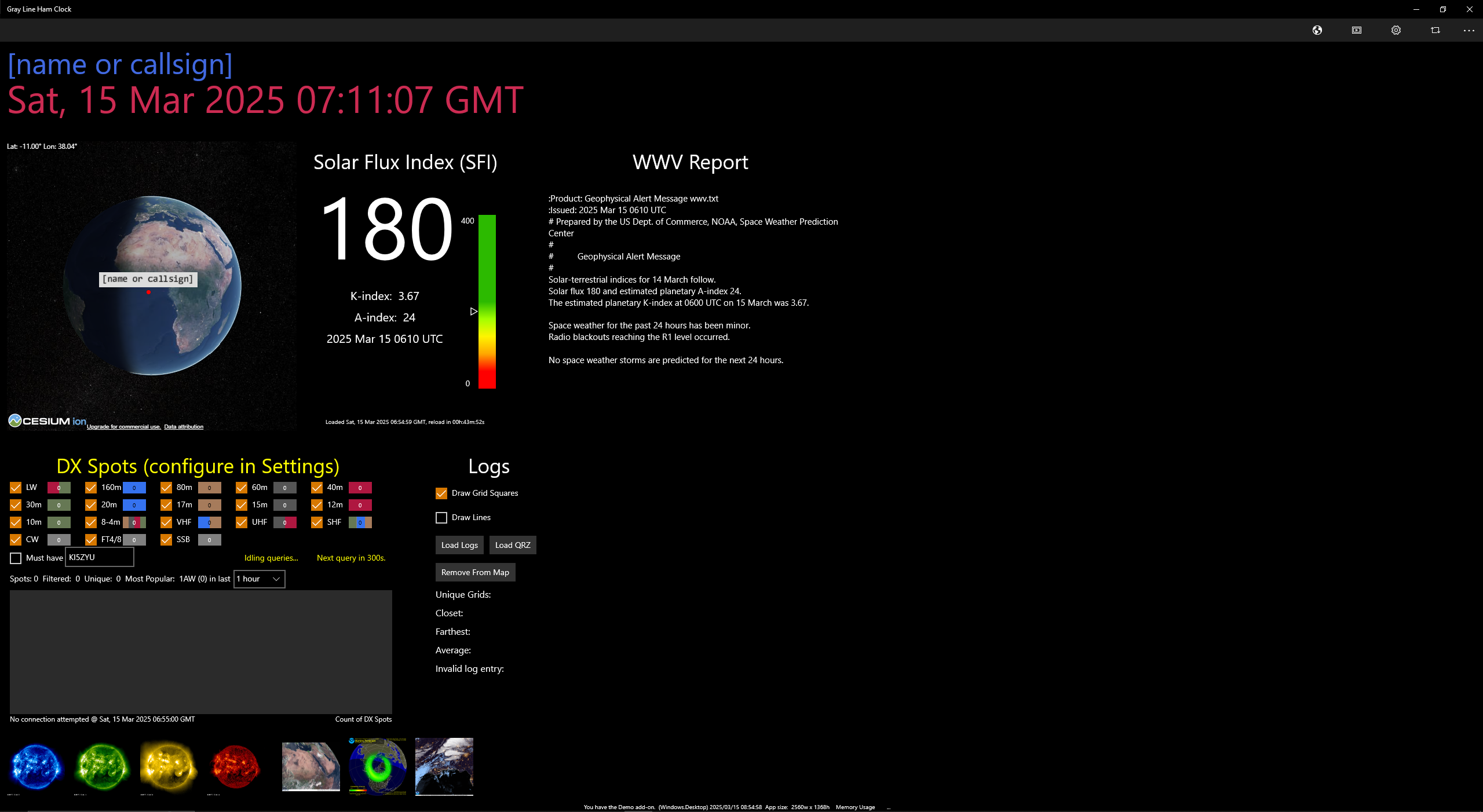 Gray Line Ham Clock widgets in default positions.